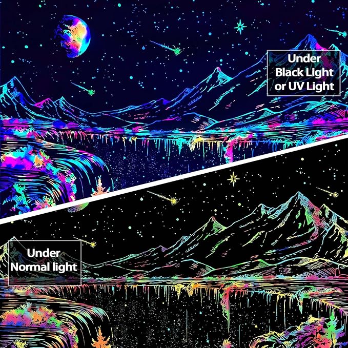 Zussun Blacklight Mountain Tapestry Starry Night Tapestries for Bedroom Aesthetic Moon and Stars Tapastry Wall Hanging Glow in The Dark Nature Forest Wall Tapestry for Living Room Dorm (48'' × 36'')
