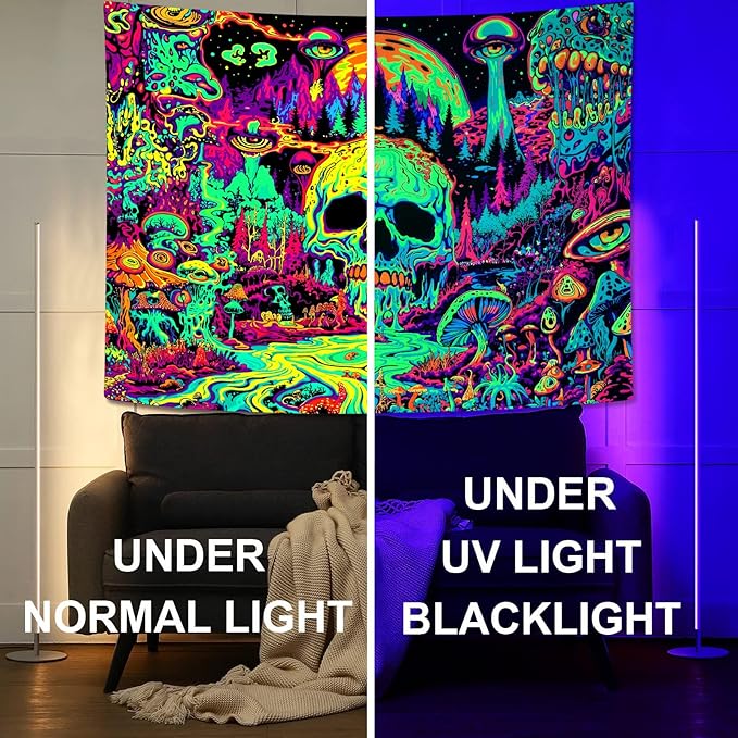 Zussun Blacklight Hippie Skull Mushroom Tapestry for Bedroom Aesthetic Hippy Forest Skeleton Monster Tapestries Wall Hanging Glow in The Dark Wall Tapestry for Living Room Dorm 80 × 60 Inch