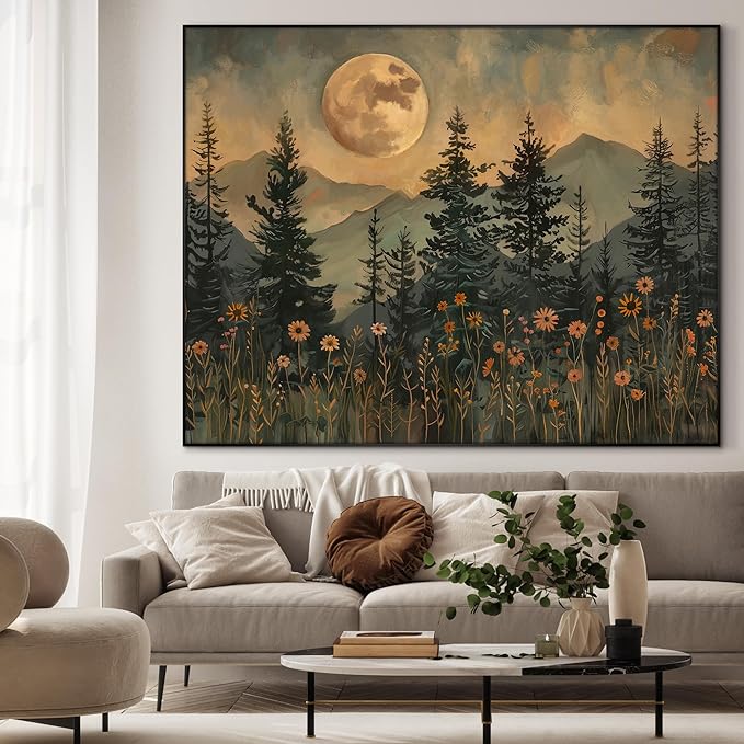 46"x60" XL Framed Wall Art - Enchanted Forest Nightscape with Moon Nature (Frame Assembly Required)
