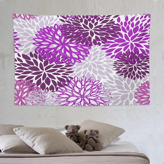 ZhiRain Dahlia Flower Tapestry Wall Hanging Purple Abstract Floral Chrisanthemum Pattern Tapestries Home Decor for Living Room Bedroom Farmhouse Apartment Dorm 60"x90"
