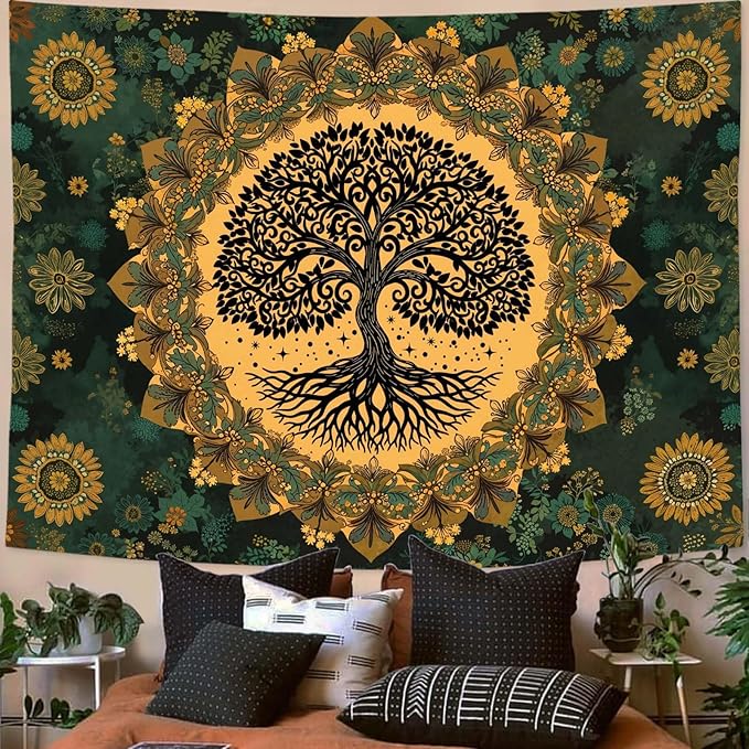 Zussun Tree of Life Tapestry Vintage Boho Mandala Tapestries for Bedroom Aesthetic Retro Bohemian Green Yellow Plant Floral Flowers Leaves Tapestry Wall Hanging for Dorm Living Room 90 x 68 Inch