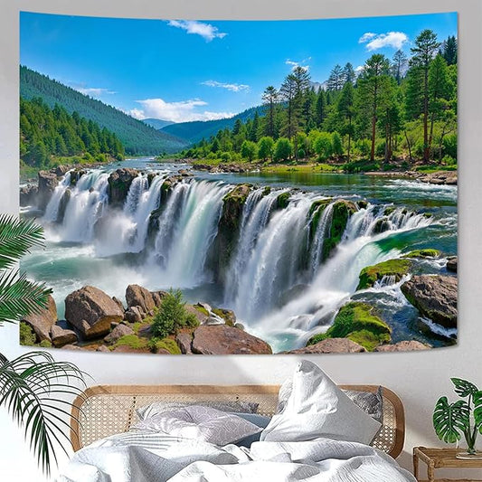 Zussun Nature Forest Mountain Tapestry Green Pine Tree Flowing River Wall Tapestry for Bedroom Aesthetic Waterfall Landscape Small Tapestries Wall Hanging for Dorm Living Room Decor 48 x 36 Inch
