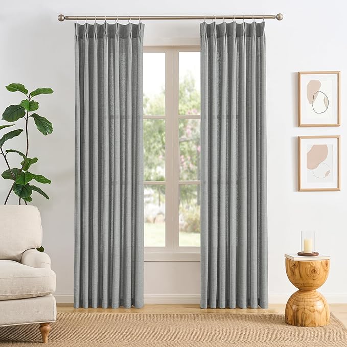 2 Panels Set Extra Long 140 Inch Curtains - Pinch Pleated with hooks Textured Linen Blend Semi Sheer Light Filtering Drapes for Large Windows Living Room Dining Office, Grey, 42" Wide by 140" Long