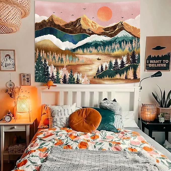 Zussun Mountain Tapestry Nature Forest Tree Tapestries for Bedroom Aesthetic Sunset Tapastry's Wall Hanging Orange and Green Landscape Wall Tapestry for Living Room Dorm (Orange, 48'' × 36'')