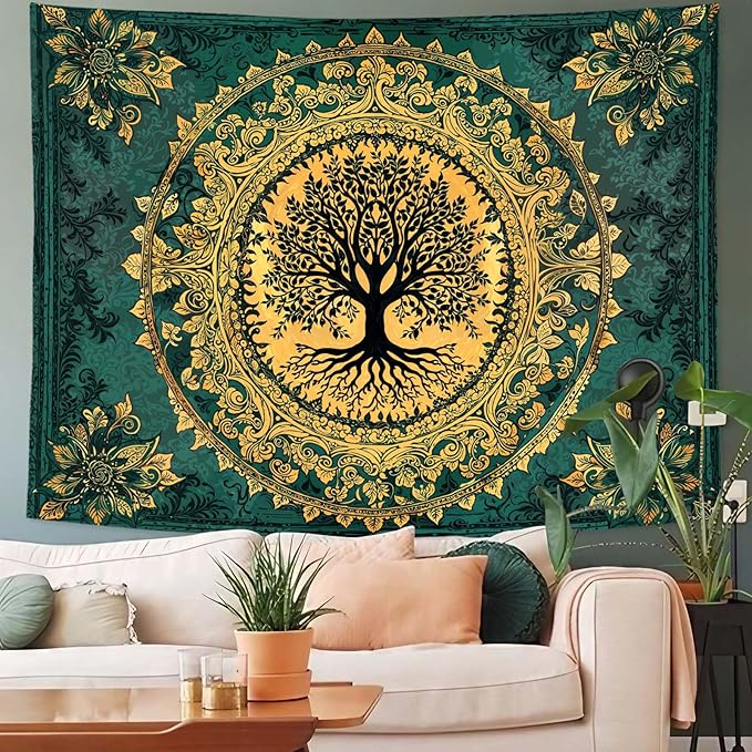 Zussun Tree of Life Tapestry Vintage Boho Mandala Tapestries for Bedroom Aesthetic Retro Bohemian Green Gold Plant Floral Flowers Leaves Tapestry Wall Hanging for Dorm Living Room 60 x 44 Inch