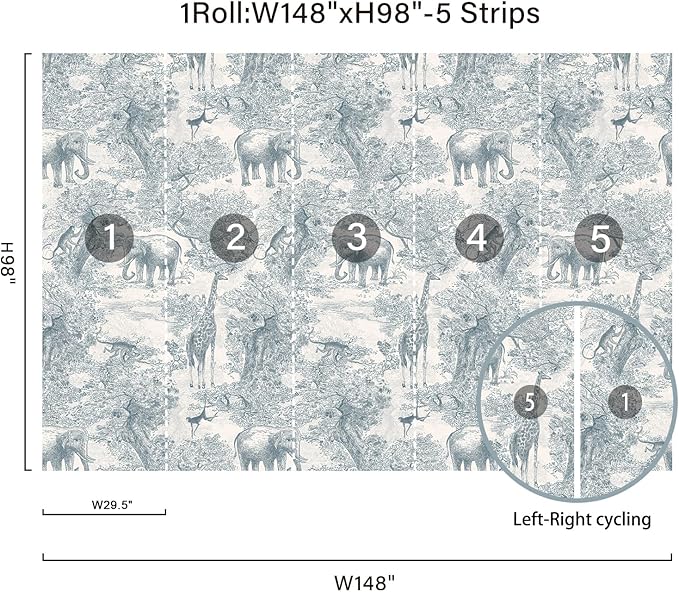 Zeeko Nursery Safari Animal Jungle Wall Mural Peel and Stick 148" W x 98" H Vintage French Canvas Waterproof Self-Adhesive Removable Wallpaper for Kids Room Bedroom Large Art Wall Decor