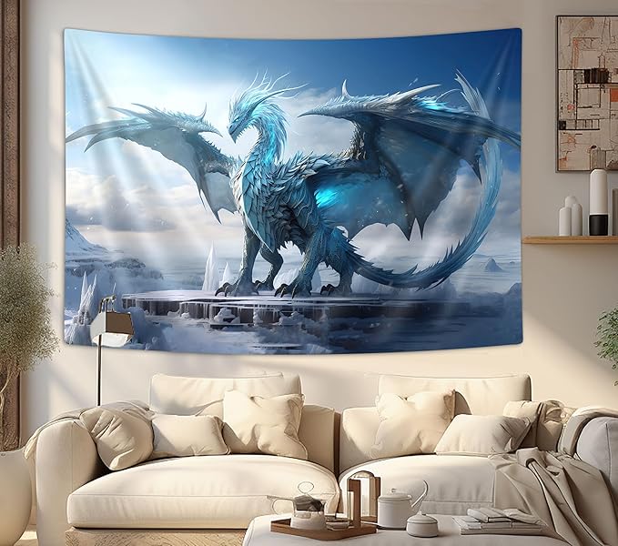 YDIDIAN Blue Dragon Wall Art, Medieval Fantasy Animal Tapestry, Winter Snow Regions Art Aesthetics for Home, College Dorm, Living Room - Panels 70 x 60IN