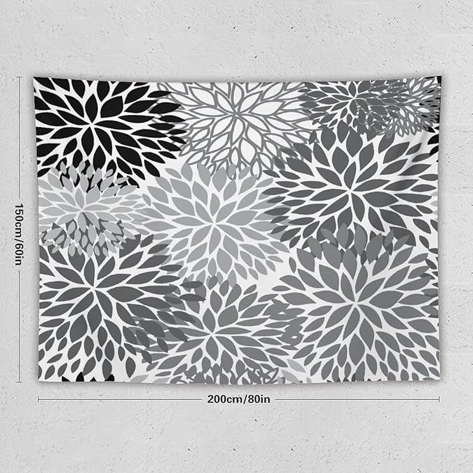 ZhiRain Black Grey Floral Tapestry Wall Hanging Boho Dahlia Chrisanthemum Flowers Pattern Tapestries Home Decor for Living Room Bedroom Farmhouse Apartment Dorm 60"x80"