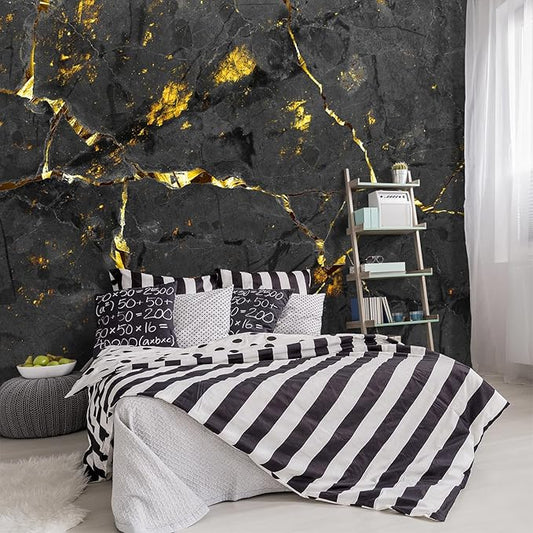 YIHWM -Black and Gold Marbled Fabric Wallpaper Dark Abstraction Art Living Room Bedroom Bathroom Wall Mural- 91"x65"（ not Peel and Stick）