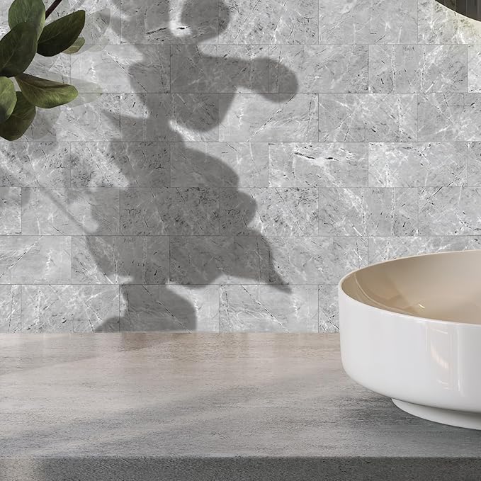 Yipscazo Peel and Stick backsplash 3 x 6 Inches 3D PVC Composite Wall Tile Stick on Backsplash Tile for Kitchen Bathroom, Laundry Room, Fireplace(Polished Gray, 160 Pieces)