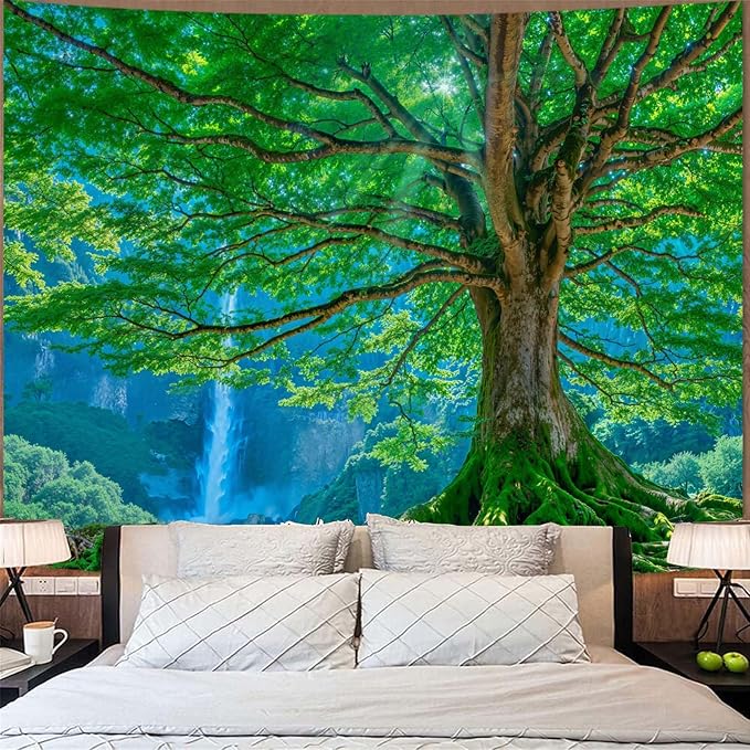 Zussun Nature Forest Mountain Tapestry Big Green Tree Tapestry for Bedroom Aesthetic Mountain Waterfall Landscape Small Tapestries Wall Hanging for Dorm Living Room Decor 48 x 36 Inch