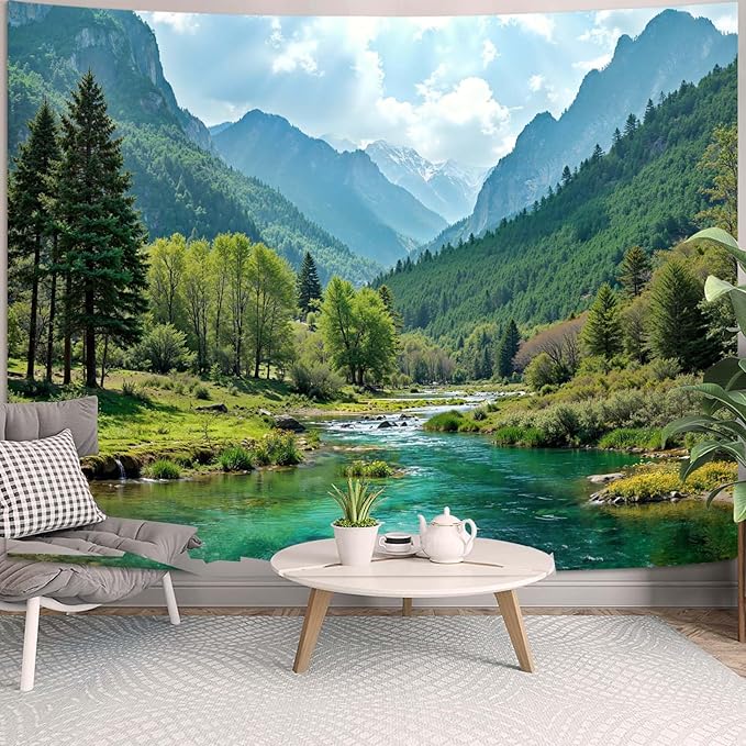 Zussun Nature Mountain Forest Tapestry Sage Green Tree Stream Wall Tapestry for Bedroom Aesthetic Lush Woodland Landscape Small Tapestries Wall Hanging for Dorm Living Room Decor 48 x 36 Inch