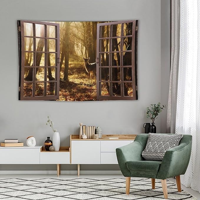 ZhiRain Forest Tapestry Wall Hanging Natural Forest And Deer at Sunset Pattern Tapestries Home Decor for Living Room Bedroom Apartment Farmhouse Dorm 60"x90"