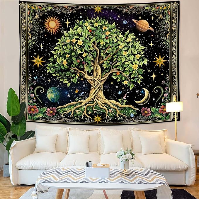 Zussun Tree of Life Tapestry Vintage Nature Green Plant Floral Flowers Celestial Tapestries for Bedroom Aesthetic Retro Sun Moon Stars Galaxy Tapestry Wall Hanging for Dorm Living Room 60 x 44 Inch