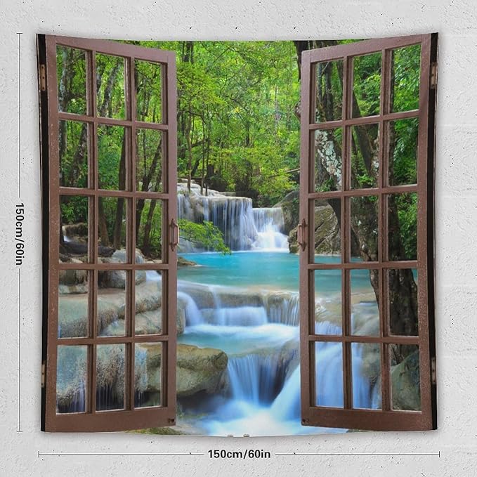 ZhiRain Waterfall Tree Landscape Tapestry Wall Hanging Natural Scenery Forest Garden Spring Stone River Tapestries Home Decor for Living Room Bedroom Apartment Farmhouse Dorm 60"x60"