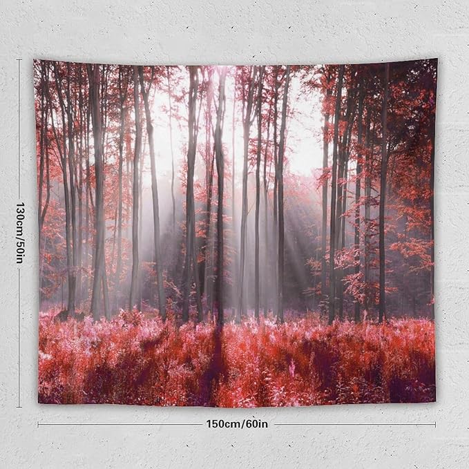 ZhiRain Red Forest Tapestry Wall Hanging Season Foggy Nature And Enchanted Woods Wild Trees Print Tapestries Home Decor for Living Room Bedroom Apartment Farmhouse Dorm 50"x60"
