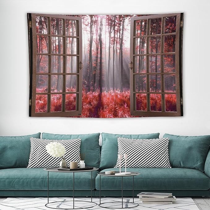 ZhiRain Red Forest Tapestry Wall Hanging Season Foggy Nature And Enchanted Woods Wild Trees Print Tapestries Home Decor for Living Room Bedroom Apartment Farmhouse Dorm 60"x90"