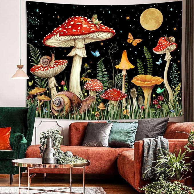 Zussun Red Mushroom Tapestry Moon Star Tapestries for Bedroom Aesthetic Starry Night Green Plant Tapastrys Wall Hanging Butterfly Snail Frog Wall Tapestry for Living Room Dorm (Black, 60" x 44")