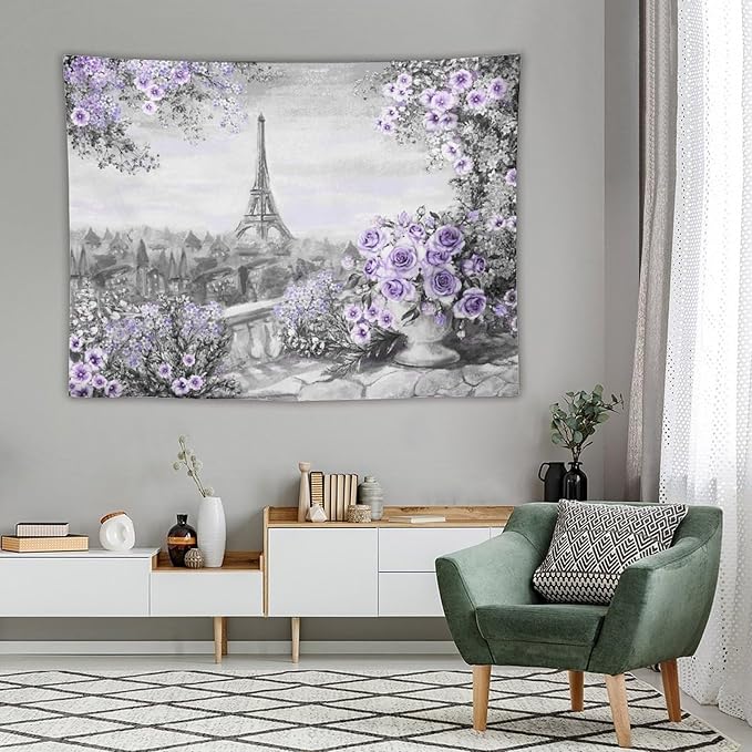 ZhiRain Vintage Paris Tapestry Wall Hanging Eiffel Tower Purple Rose Flower Spring Cityscape Gray Tapestries Home Decor for Living Room Bedroom Apartment Farmhouse Dorm 60"x80"