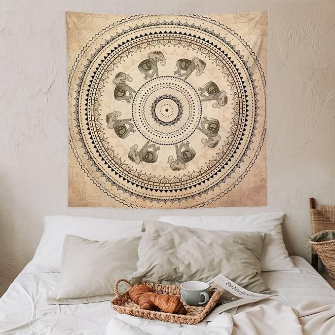AAVEUP Indian Hippie Bohemian Psychedelic Tapestry Bohemian Brown Abstract Geometric Mandala Flower Vintage Elephant Texture Tapestries for Bedroom Dorm Living Room Decor 60x60in