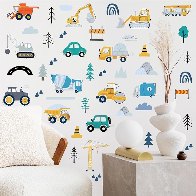 AOWDIAO Construction Vehicle Wall Decals – 90Pcs Reusable Peel and Stick Vinyl Stickers for Kids’ Room, Nursery & Playroom – Removable Truck Decoration for Boys & Toddlers