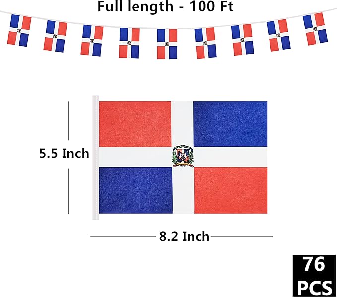 100 Feet Dominica Banner Flag String, Dominican Mini Flag Small Banner, for Party, Shops and Bars Decorations, Outdoor Decorations, 76 Flags