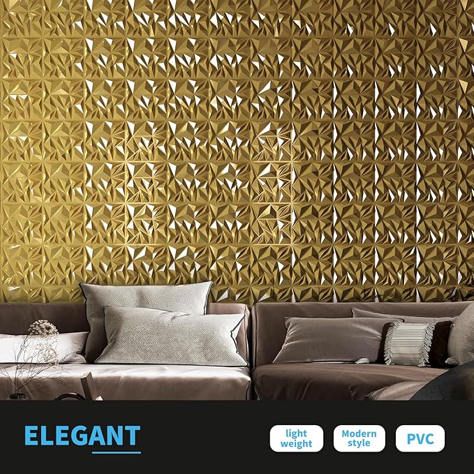 Art3d 33-Pack 3D Wall Panels for Interior Wall Decor, Diamond Textured Feature Wall Paneling for Gaming Living Room TV Wall Background Accent Wall - 12 x 12 inch Gold