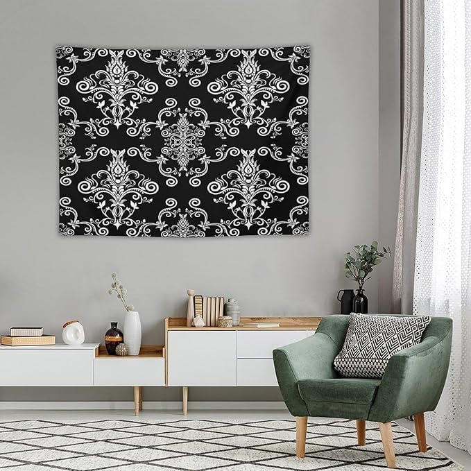 ZhiRain Black Gothic Tapestry Wall Hanging Damask Floral Vintage Antique Baroque Classic Pattern Retro Tapestries Home Decor for Living Room Bedroom Farmhouse Apartment Dorm 30"x40"