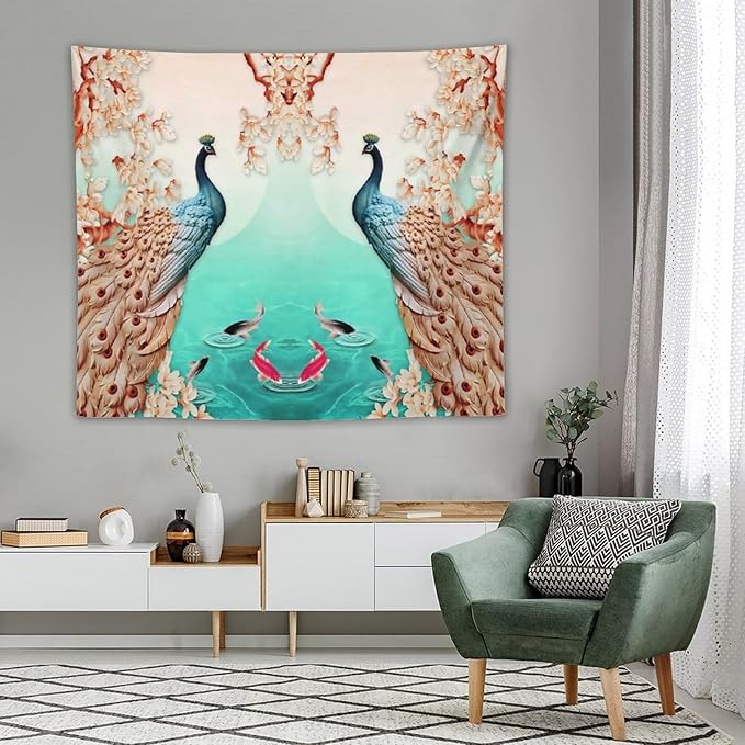 ZhiRain Peacock Tapestry Wall Hanging Retro Floral Elegant Vintage Feather Flower Theme Koi Fish Tapestries Home Decor for Living Room Bedroom Farmhouse Apartment Dorm 50"x60"