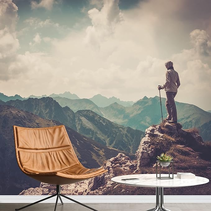 wall26 - Woman Hiker on a Top of a Mountain - Removable Wall Mural | Self-Adhesive Large Wallpaper - 100x144 inches