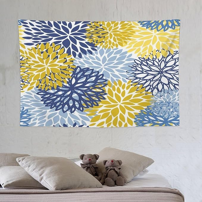ZhiRain Blue Yellow Floral Tapestry Wall Hanging Boho Dahlia Chrisanthemum Flowers Pattern Tapestries Home Decor for Living Room Bedroom Farmhouse Apartment Dorm 40"x60"