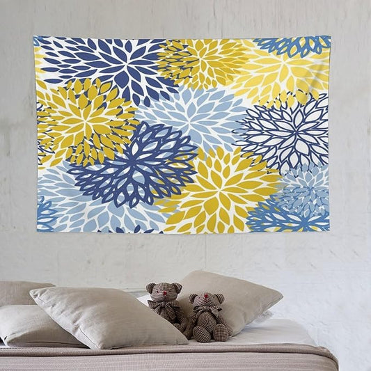 ZhiRain Blue Yellow Floral Tapestry Wall Hanging Boho Dahlia Chrisanthemum Flowers Pattern Tapestries Home Decor for Living Room Bedroom Farmhouse Apartment Dorm 40"x60"