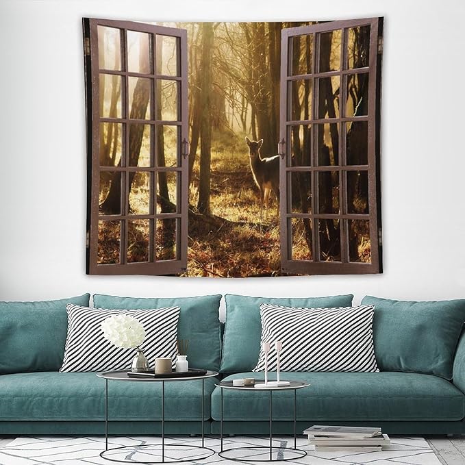 ZhiRain Forest Tapestry Wall Hanging Natural Forest And Deer at Sunset Pattern Tapestries Home Decor for Living Room Bedroom Apartment Farmhouse Dorm 50"x60"