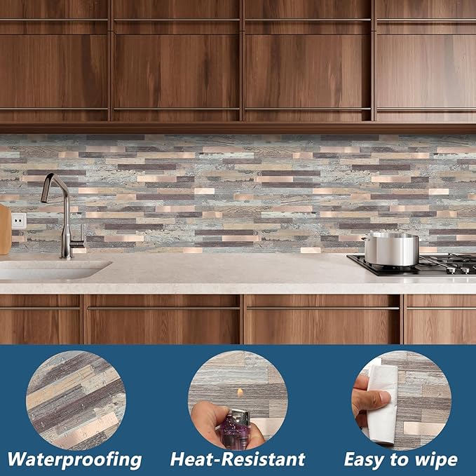 Yipscazo 40 Sheets Peel and Stick Stone Metal Backsplash Tiles, PVC Wall Tiles Stick on Backsplash for Kitchen, Bathroom (6'' X 12'', Rustic Wood)