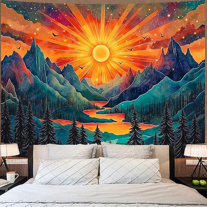 Zussun Vintage Sun Mountain Tapestry Hippie Boho Nature Forest Tree Wall Tapestry for Bedroom Aesthetic Sunset River Landscape Small Tapestries Wall Hanging for Dorm Living Room Decor 60 x 44 Inch