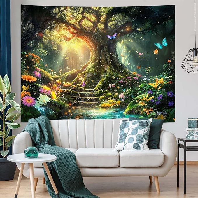 Zussun Fantasy Forest Tapestry Green Tree of Life Fairy Wall Tapestry for Bedroom Aesthetic Nature Floral Butterfly Small Tapestries Wall Hanging for Dorm Living Room Decor 60 x 44 Inch