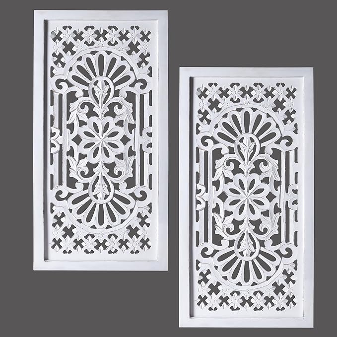 Wood Wall Art - Wall Panels in Handcrafted Carved Wood For Livingroom Bedroom,Dining room,Elegant Decorative Wall Art for Home & Office 12x24" Set of 2 White Antique_Cutwork Designs