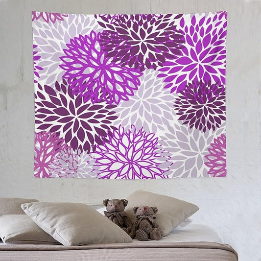 ZhiRain Dahlia Flower Tapestry Wall Hanging Purple Abstract Floral Chrisanthemum Pattern Tapestries Home Decor for Living Room Bedroom Farmhouse Apartment Dorm 50"x60"