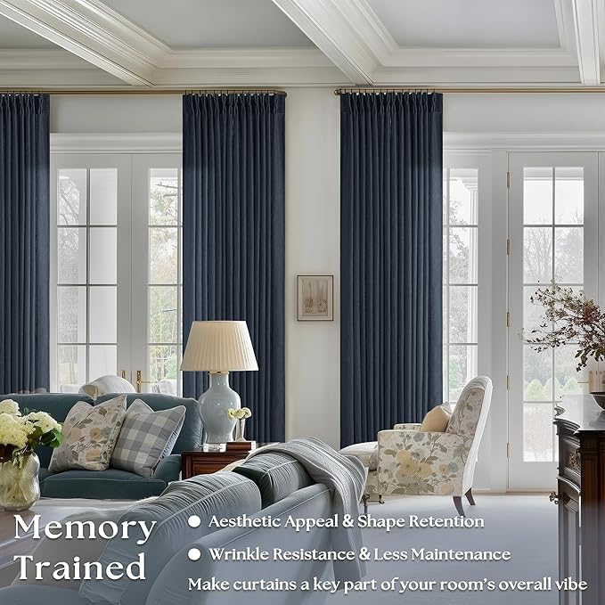 80 Inch Pinch Pleated Linen Curtains 2 Panels Set for Living Room Bedroom Boho Farmhouse Light Filter Navy Blue Indigo Semi Sheer Back Tab Pinch Pleat with Hooks Rings Window Curtain 80 Inches Long