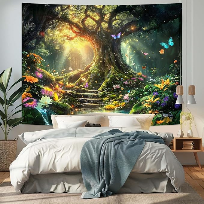Zussun Fantasy Forest Tapestry Green Tree of Life Fairy Wall Tapestry for Bedroom Aesthetic Nature Floral Butterfly Small Tapestries Wall Hanging for Dorm Living Room Decor 48 x 36 Inch