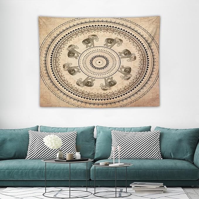 AAVEUP Indian Hippie Bohemian Psychedelic Tapestry Bohemian Brown Abstract Geometric Mandala Flower Vintage Elephant Texture Tapestries for Bedroom Dorm Living Room Decor 30x30in