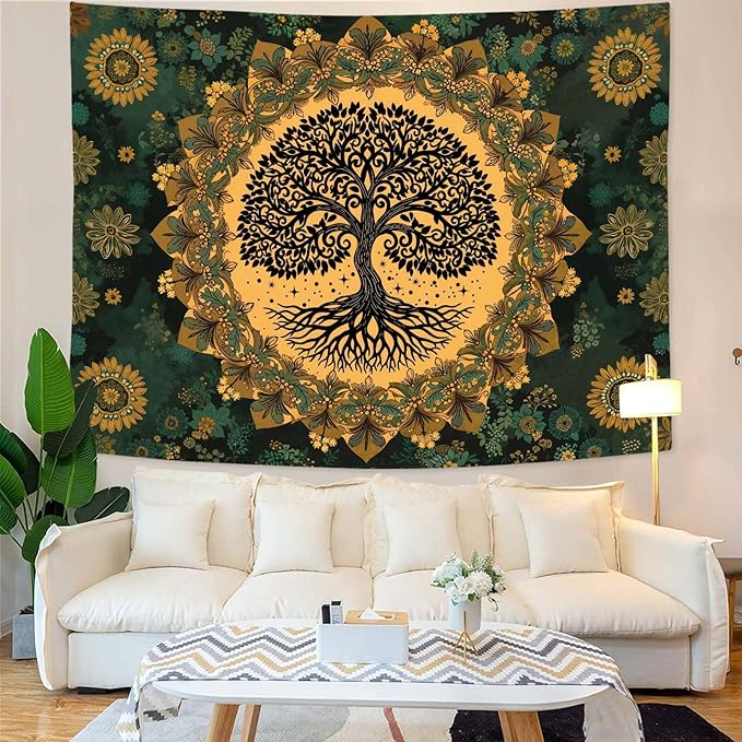 Zussun Tree of Life Tapestry Vintage Boho Mandala Tapestries for Bedroom Aesthetic Retro Bohemian Green Yellow Plant Floral Flowers Leaves Tapestry Wall Hanging for Dorm Living Room 90 x 68 Inch