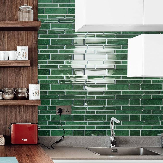 Art3d 10-Sheet Peel and Stick Backsplash Tile, Vinyl Stick On Wall Tile for Kitchen Bathroom Laundry Room, Marble Design 12" x 12" - Green