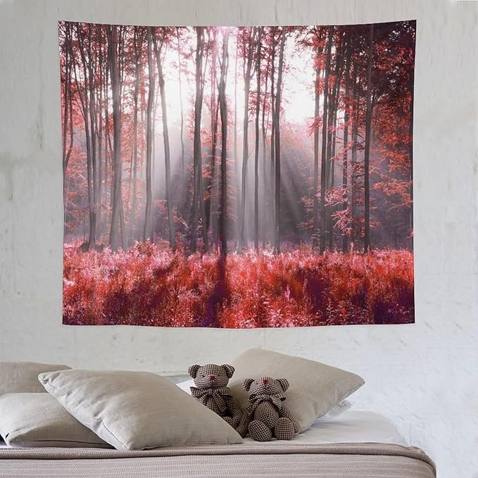 ZhiRain Red Forest Tapestry Wall Hanging Season Foggy Nature And Enchanted Woods Wild Trees Print Tapestries Home Decor for Living Room Bedroom Apartment Farmhouse Dorm 50"x60"