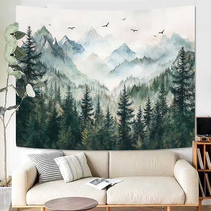 Zussun Misty Forest Mountain Tapestry Sage Green Nature Pine Tree Tapestry for Bedroom Aesthetic Watercolor Foggy Woodlands Birds Landscape Tapestries Wall Hanging for Living Room Dorm 48 x 36 Inch