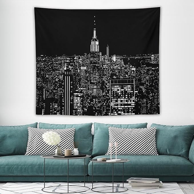 ZhiRain New York Tapestry Wall Hanging Black White Modern Night City Light Tapestries Home Decor for Living Room Bedroom Apartment Farmhouse Dorm 50"x60"