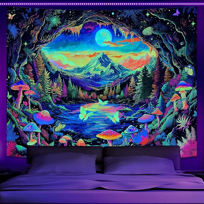 Zussun Blacklight Mushroom Forest Tapestry UV Reactive Nature Mountain Moon Butterfly Tapestry for Bedroom Aesthetic Landscape Samll Tapestries Wall Hanging for Dorm Living Room Decor 48 x 36 Inch