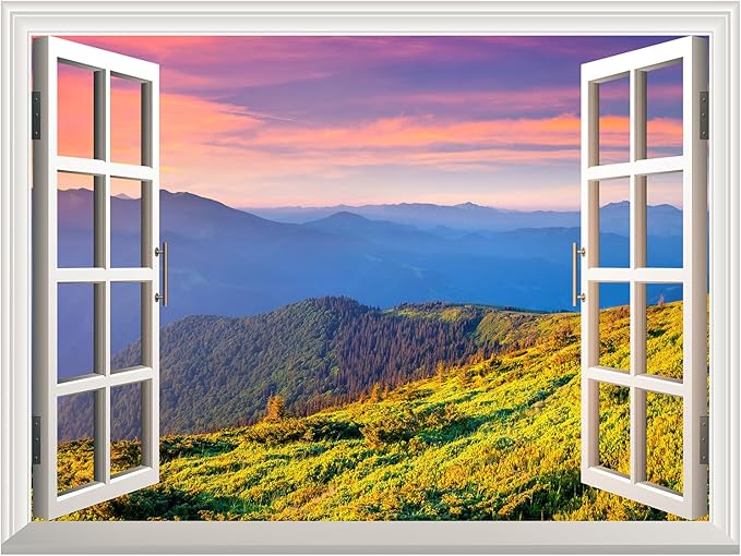 wall26 A Peaking View Through The Forest of The Morning Sunrise - Wall Mural, Removable Sticker, Home Decor - (36"x48", Beautiful View of Mountain)