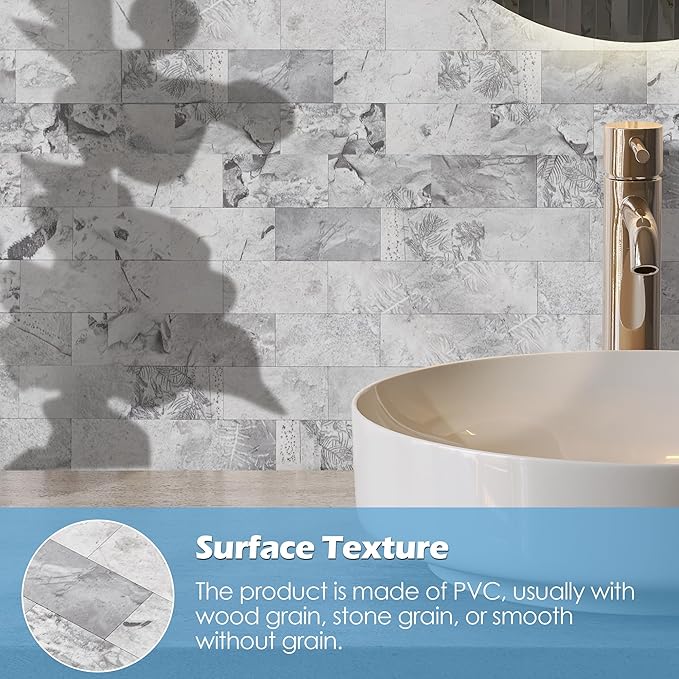 1-Pack Peel and Stick Tile Backsplash 12"X12" PVC Wall Tiles, Stick on Backsplash for Kitchen, Bathroom Tile, Fireplace Décor, Laundry Table, Stair Decals in Gray Stone