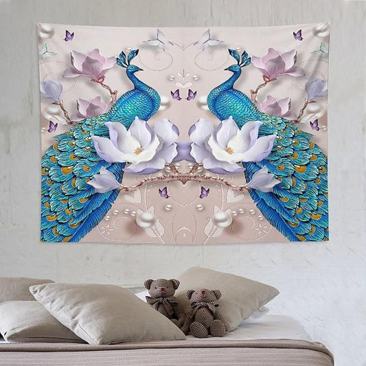 ZhiRain Peacock Tapestry Wall Hanging Beautiful Bird Flower Pearl Watercolor Pattern Print Tapestries Home Decor for Living Room Bedroom Farmhouse Apartment Dorm 60"x80"